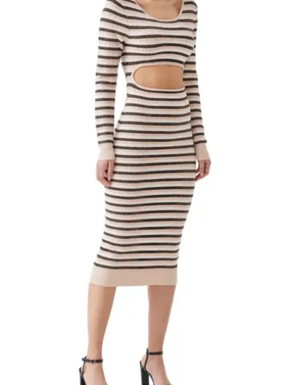 Long Sleeve Striped Cutout Midi Dress in Cream and Black